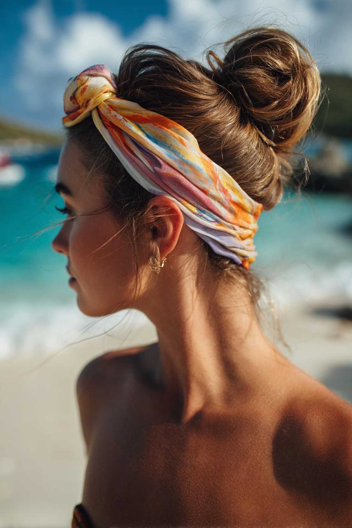 21+ Cute & Waterproof Hair Ideas for the Beach (Buns & Wraps) - 12. The Scarf-Wrapped Bun
