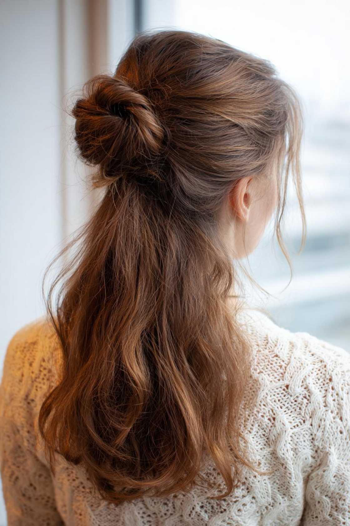 23+ Effortless Messy Claw Clip Hairstyles (Quick Twists & Buns!) - 15. Half-Up Bun