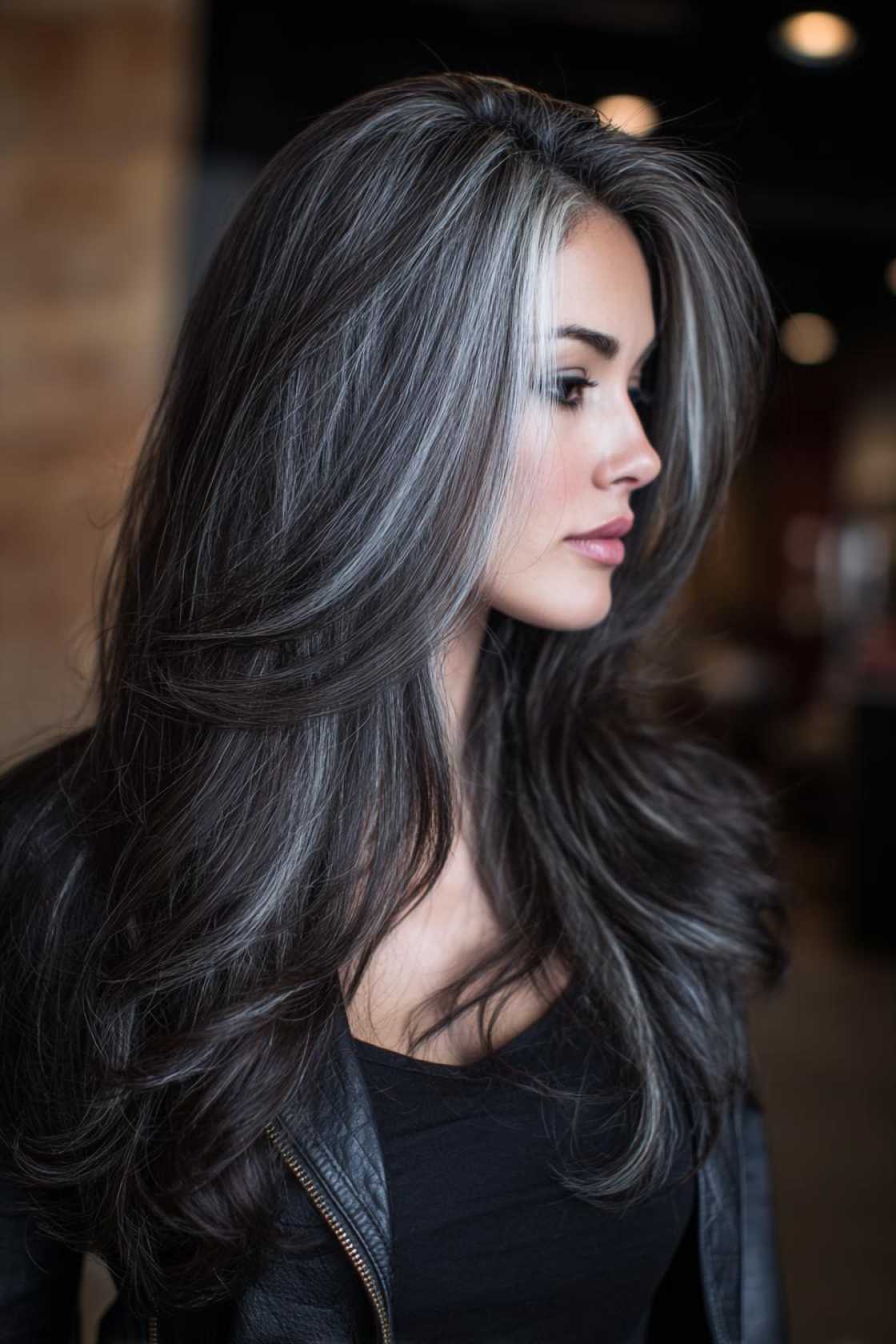 15+ Stunning Gray Blending Ideas for Dark Hair (Embrace Your Grays Gracefully!). - 13. Chunky Gray Highlights