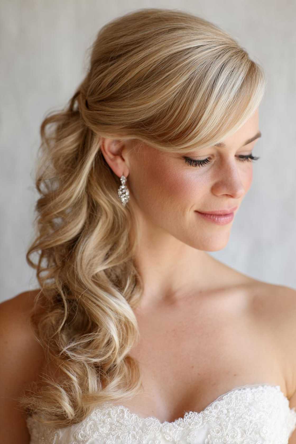 Eternal Summer Romance: 12+ Dreamy Wedding Hairstyles to Complement Your Warm-Weather Vows. - 6. Side-Swept Curls