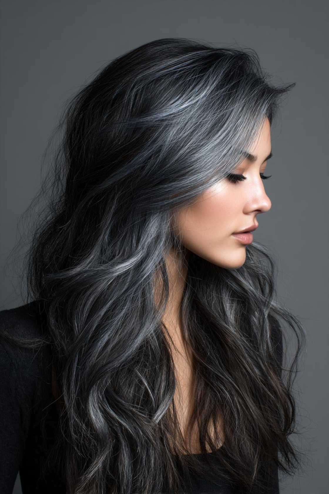 Low-Maintenance Magic: 20+ Gray Blending Looks for Dark Hair That Grow Out Beautifully. - 10. Steel Gray Streaks