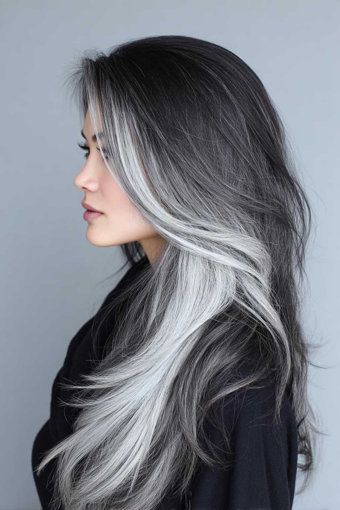 Low-Maintenance Magic: 20+ Gray Blending Looks for Dark Hair That Grow Out Beautifully. - 8. White Gray Highlights