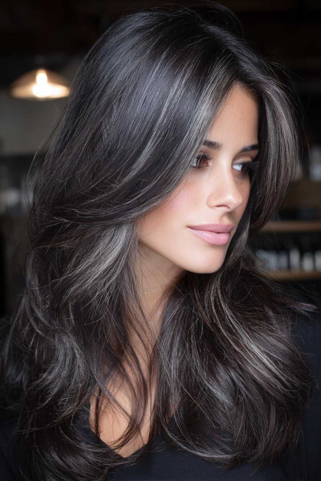 Low-Maintenance Magic: 20+ Gray Blending Looks for Dark Hair That Grow Out Beautifully. - 20. Ash Highlights