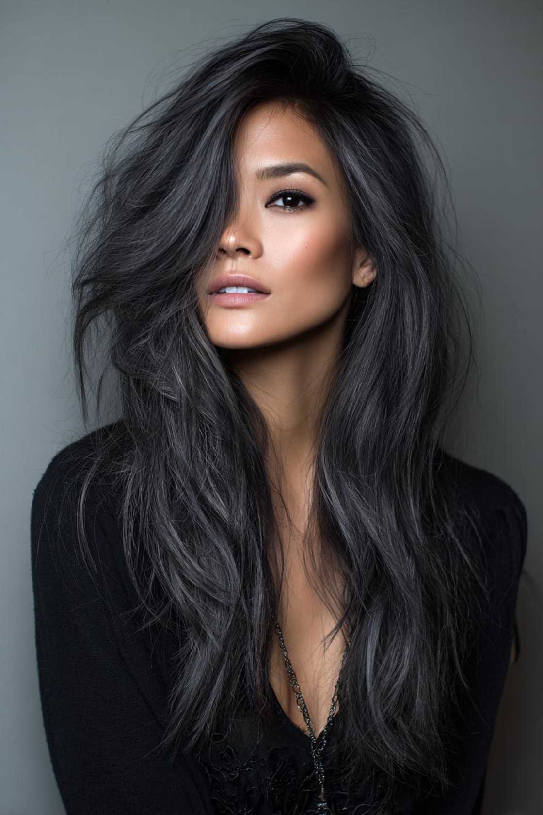 Low-Maintenance Magic: 20+ Gray Blending Looks for Dark Hair That Grow Out Beautifully. - 15. Graphite Blending